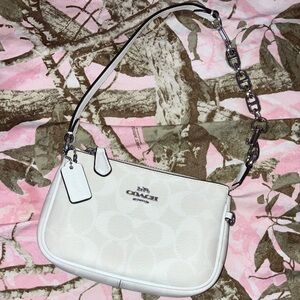 Mini Coach White Signature Shoulder Bag with Silver Chain Strap